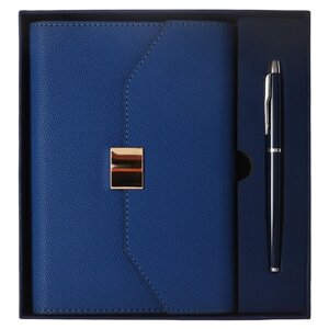 Органайзер на кольцах А6+80 листов, кожзам, c клапаном, линия, с ручкой, в подарочной коробке, синий