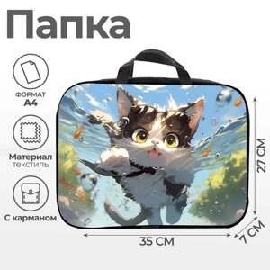 Папка с ручками текстиль А4 70мм 350*270 Artfox STUDY унив "Котик под водой"