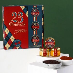 Подарочный набор «Блестящих успехов», чай 50 г., кофе 30 г., крем-мёд со вкусом хлопка и апельсина 30 г., варенье из
