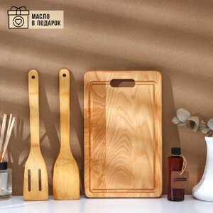 Подарочный набор деревянной посуды Adelica, доска разделочная, 2 лопатки, 29181,8 см, масло в подарок 100 мл, берёза