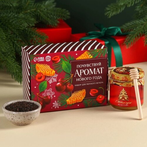 Подарочный набор «Почувствуй аромат Нового года»чай чёрный со вкусом: зимняя вишня 50 г., мёд цветочный 240 г., ложка