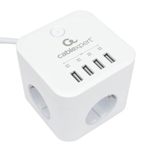 Сетевой фильтр Cablexpert Cube CUBE-3-U4-W-1.5, 3р, 10А, 4хUSB, 1.5м, ур. защиты 4+белый