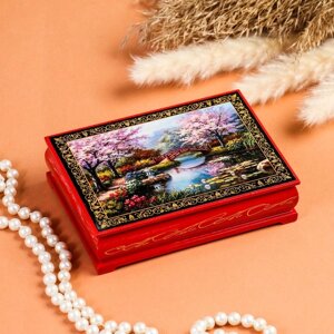 Шкатулка «Цветение сакуры», красная, 1014 см, лаковая миниатюра
