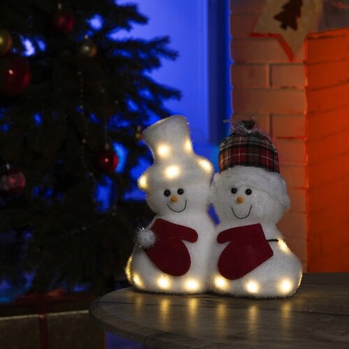 Светодиодная фигура «Снеговики» 22 22 12 см, флок, батарейки CR2032х2 (не в комплекте), свечение тёплое белое
