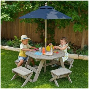Детская садовая мебель (4 скамьи, стол-пикник, зонт), серо-синий 20176_KE