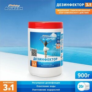 Дезинфектор Aqualeon медленный хлор 3 в 1 в таблетках по 20 гр, 0,9 кг (банка)