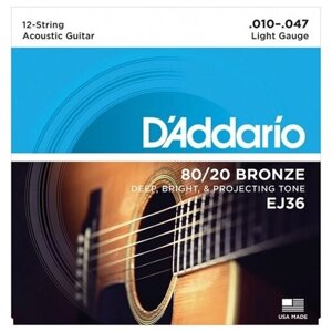 EJ36 BRONZE 80/20 Струны для акустической 12-струнной гитары бронза Light 10-47 D`Addario