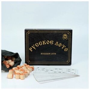 Игра Русское лото в деревянной черной шкатулке, рисунок золото 25х19х6 см