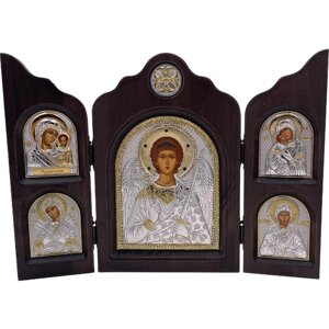 Икона Ангел Хранитель, триптих, 5 икон, шелкография, «золотой» декор, «серебро» , стразы 16*24 см