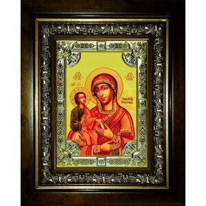 Икона Божьей Матери Троеручица 24x30 см в серебряном окладе со стразами в деревянном киоте, арт вк-856
