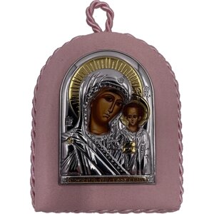Икона Божией Матери Казанская, кожанный переплёт - розового цвета, 4,5*6 см