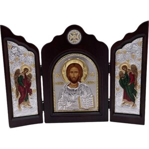 Икона Христос Спаситель, триптих, шелкография, «золотой» декор, «серебро», 16*24 см