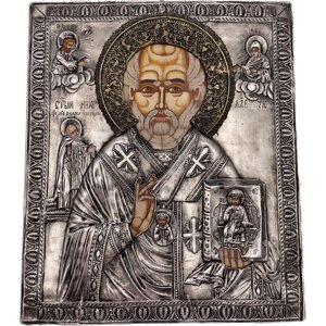 Икона Николай Чудотворец, деревянная, патина, шелкография, золотой и серебряный декор 27*31 см