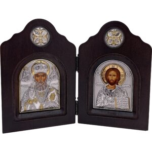 Икона Николай Чудотворец и Спаситель, диптих, шелкография, «золотой» декор, «серебро» 14*10 см
