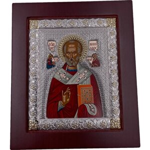 Икона Николай Чудотворец Святитель, деревянная, шелкография, золотой декор, серебро 11*13 см