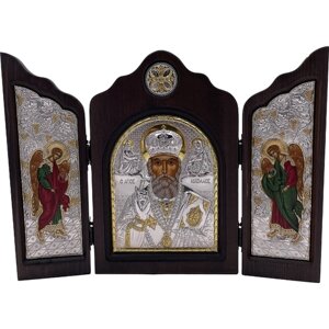 Икона Николай Чудотворец, триптих, шелкография, «золотой» декор, «серебро» 16*24 см