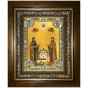 Икона Петр и Феврония благоверные, 18х24 см, в окладе и киоте