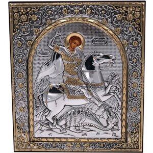 Икона Святой Георгий Победоносец, деревянная с патиной, шелкография, золотой декор 15,5*17,5 см
