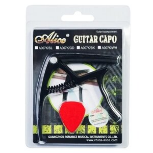 Каподастр для акустической гитары с медиатором в комплекте Alice A007K/BK, цвет черный