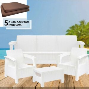 Комплект садовой мебели белый Set 3+1+1+Ct+подушки коричневого цвета