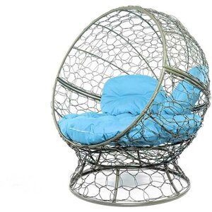 Кресло кокон Апельсин с ротангом M-Group Серое с голубой подушкой 1400х1500х1500