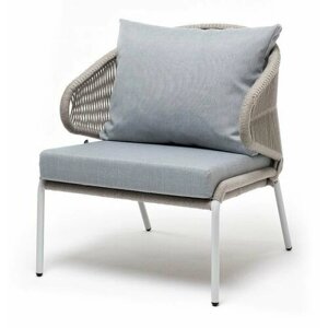 Кресло плетеное 4SIS Милан из роупа, каркас алюминий светло-серый шагрень, роуп серый меланж круглый, ткань светло-серая серый
