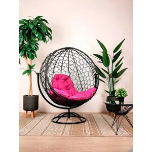 Кресло садовое M-Group круг вращающийся ротанг черный, розовая подушка
