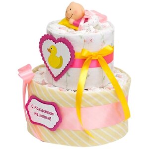 Милый торт из подгузников "Утенок" для новорожденной девочки на встречу из роддома, с пеленками и игрушкой для ванны, двухъярусный