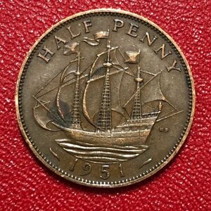 Монета Великобритания 1/2 Пенни 1951 год #3