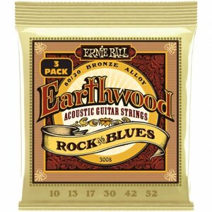 Набор из 3х комплектов струн для акустической гитары ERNIE BALL 3008 Earthwood 80/20 Bronze Rock&Blues 3 Pack 10-52