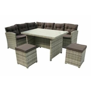Набор мебели Сэн-Тропе Lux искусственный ротанг, серый/ Комплект мебели для сада: угловой диван, два пуфа и стол