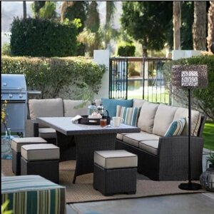 Набор мебели Сэн-Тропе XXL искусственный ротанг, коричневый / Комплект мебели для сада: угловой диван, кресло, два пуфа и стол