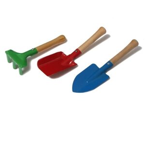 Набор садового инструмента, 3 предмета: грабли, совок, лопатка, длина 20 см, деревянная ручка (1 шт.)