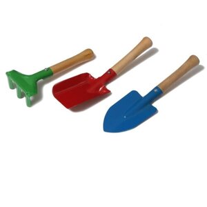Набор садового инструмента, 3 предмета: грабли, совок, лопатка, длина 20 см, деревянная ручка, микс