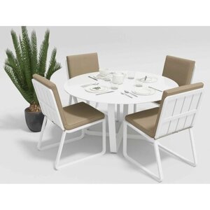 Обеденная группа Gardenini PRIMAVERA стулья без подлокотников каркас белый/подушки бежевые/столешница белая глянцевая