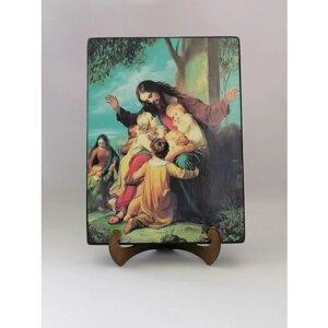 Освященная икона на дереве ручной работы - Благословение детей, 9x12x3 см, арт Ид4828
