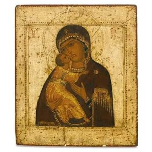 Освященная икона на дереве ручной работы - Божья Матерь Владимирская, 15х20х1,8 см, арт А741