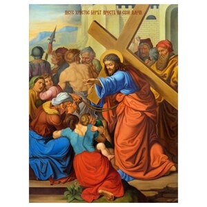 Освященная икона на дереве ручной работы - Крестный путь – Иисус берет крест на свои плечи, 15х20х1,8 см, арт Ид4791