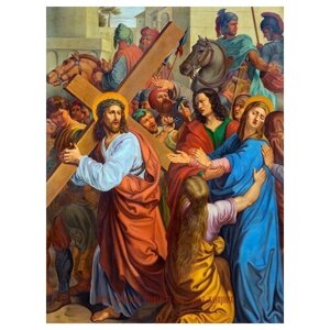 Освященная икона на дереве ручной работы - Крестный путь – Иисус утешает плачущих женщин, 15х20х1,8 см, арт Ид4795
