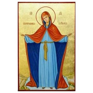 Освященная икона на дереве ручной работы - Пресвятая Богородица Спорительница Хлебов, 15х20х1,8 см, арт А1625