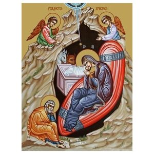 Освященная икона на дереве ручной работы - Рождество Христово, 12х16х1,8 см, арт Ид4730