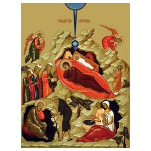 Освященная икона на дереве ручной работы - Рождество Христово, 15x20x3,0 см, арт Ид4718