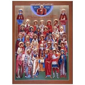 Освященная икона на дереве ручной работы - Собор Святых целителей, 15x20х1,8 см, арт А7038