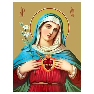 Освященная икона на дереве ручной работы - Святое Сердце Марии, 15x20x3,0 см, арт Ид3256