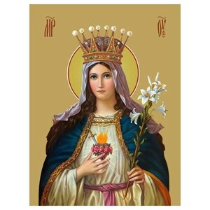 Освященная икона на дереве ручной работы - Святое Сердце Марии, 15x20x3,0 см, арт Ид3288