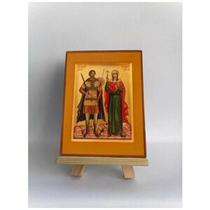 Освященная икона на дереве ручной работы - Святой Иоанн воин и святая мученица Валентина, 15х20х3,0 см, арт Б0275