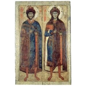 Освященная икона на дереве ручной работы - Святые Борис и Глеб, 15х20х1,8 см, арт А6876