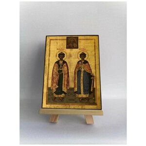 Освященная икона на дереве ручной работы - Святые Борис и Глеб, 15х20х3,0 см, арт Б0451