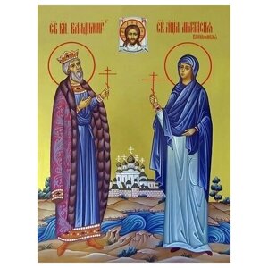 Освященная икона на дереве ручной работы - Владимир и Анастасия, 15х20х3,0 см, арт И8932