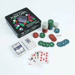 Подарочный набор для покера "Poker Chips"Покерный комплект в металлическом кейсе (100 фишек с номиналом, фишка дилера, 2 колоды карт)